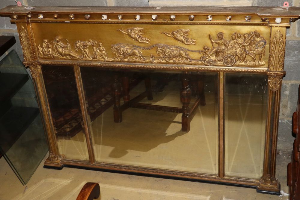 A Regency giltwood and gesso triple plate overmantel mirror, W.132cm, D.90cm